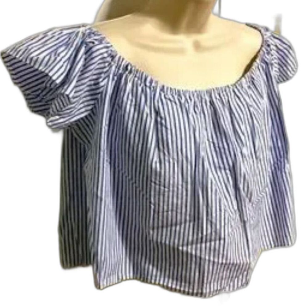 ZARA BASIC COLLECTION Nautical Blue White Stripes Over Shoulder Crop Top Large